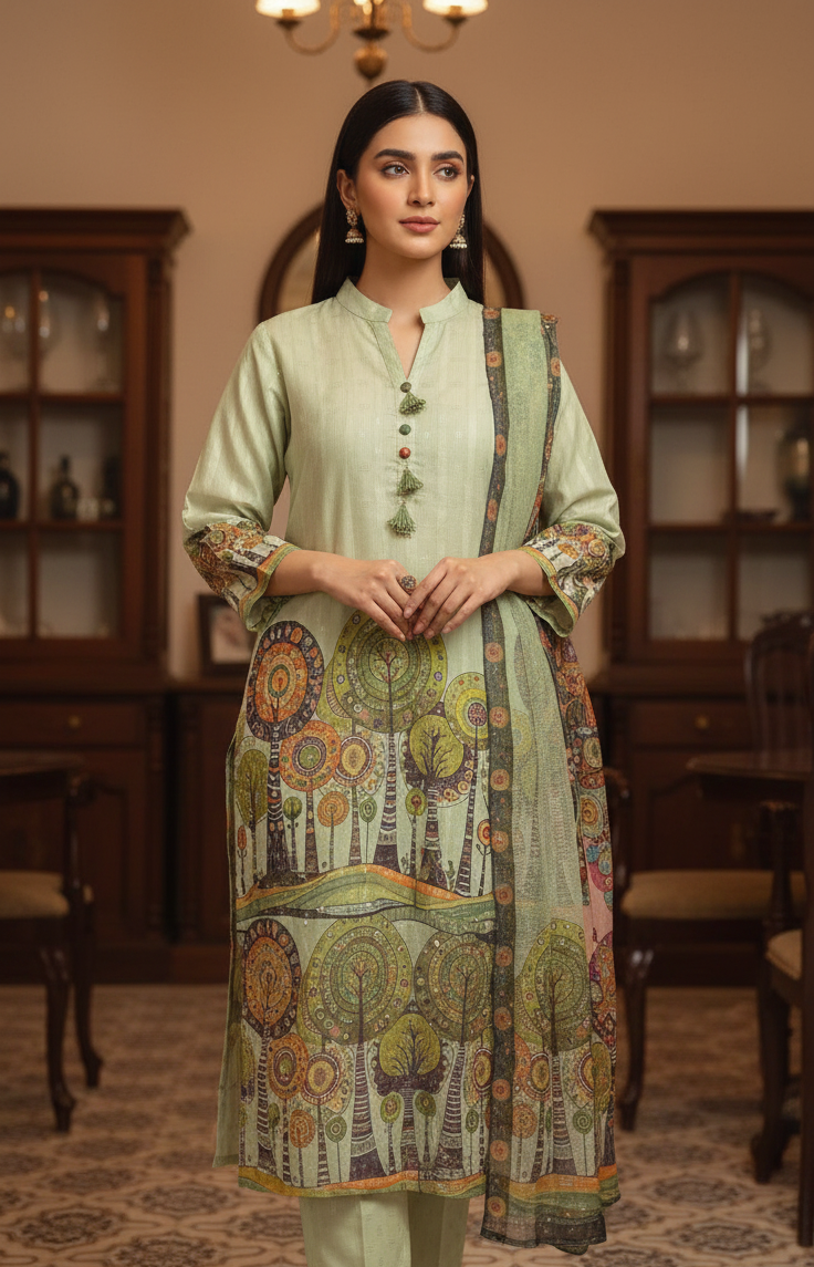 FORMAL PISTACHIO GREEN PRINTED LAWN LADIES 3 PIECE SUIT