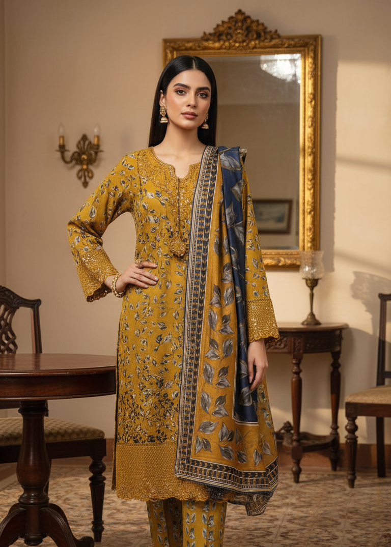 FORMAL MUSTARD PRINTED LAWN LADIES 3 PIECE SUIT