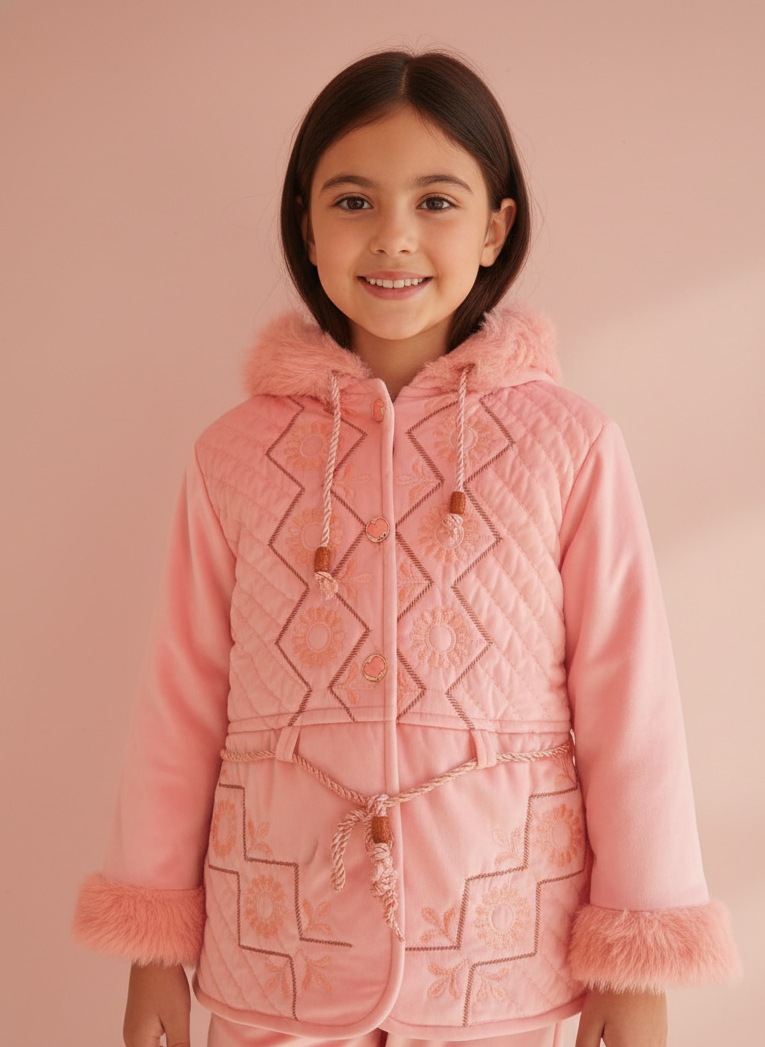 GIRLS VELVET FUR HOODED COAT AND PANT SET