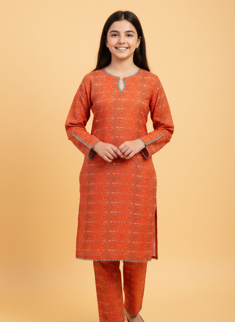 GIRLS ORANGE PRINTED 2-PIECE SUIT