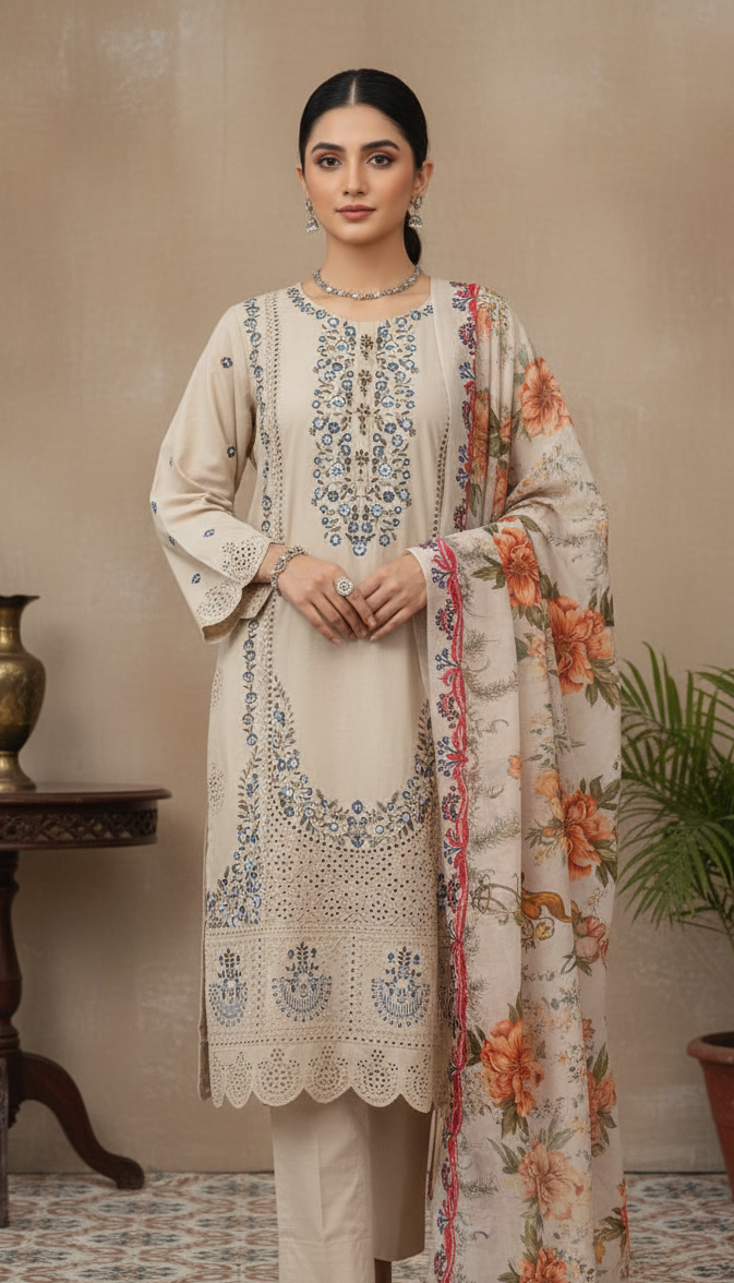 FORMAL BEIGE FLORAL PRINT DESIGN 3 PIECE SUIT