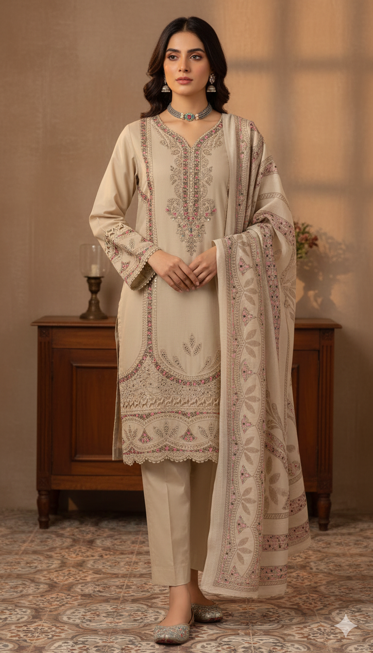 FORMAL BEIGE ORNATE PRINTED 3 PIECE SUIT