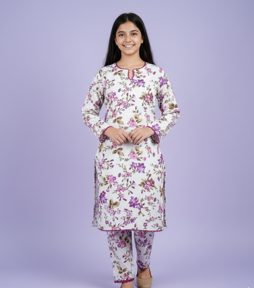 GIRLS WHITE PURPLE FLORAL 2-PIECE SUIT