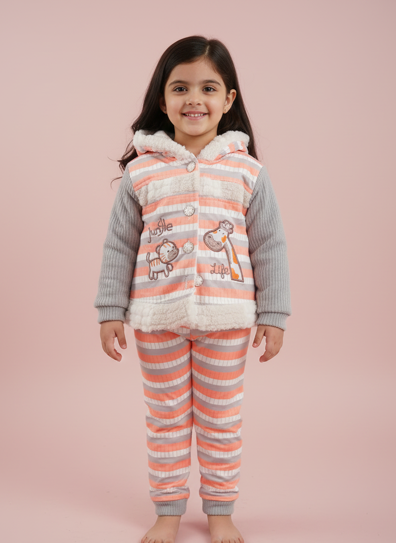 GIRLS FUR HOODED STRIPED WINTER SET