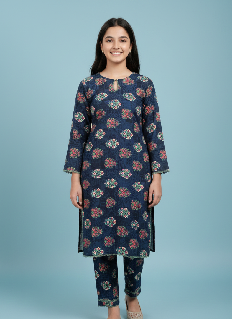 GIRLS NAVY BLUE PRINTED 2-PIECE SUIT