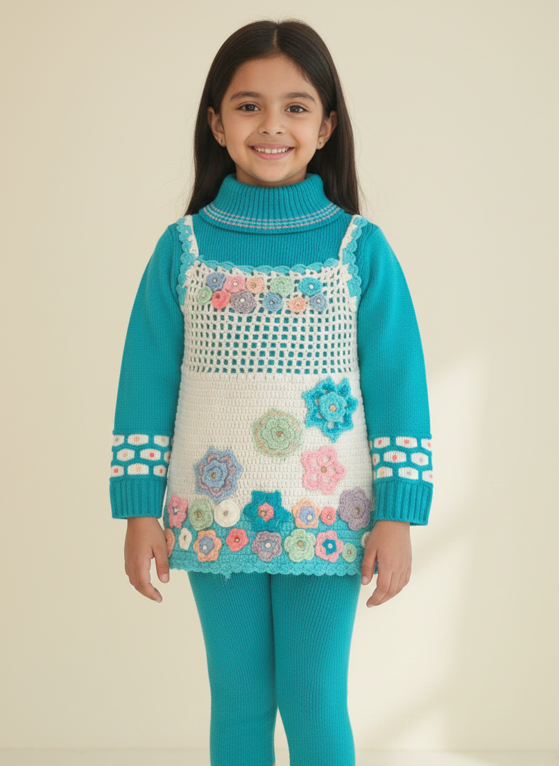 GIRLS KNITTED FLORAL DRESS AND LEGGING SET