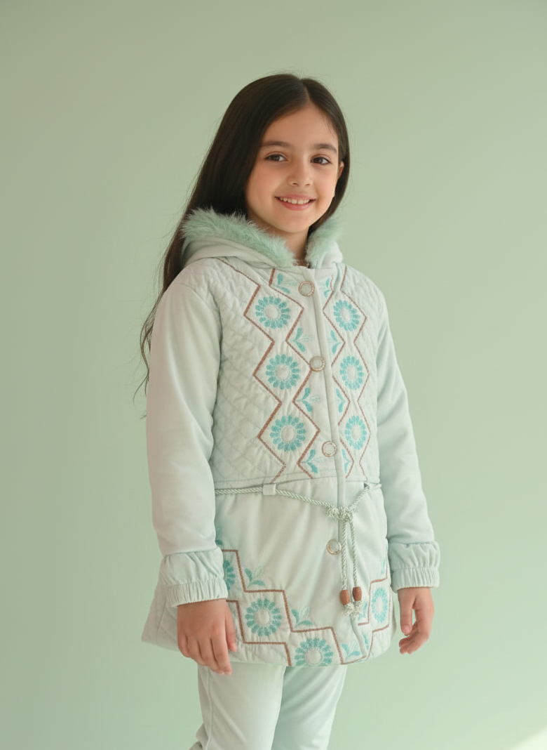GIRLS VELVET FUR HOODED COAT AND PANT SET