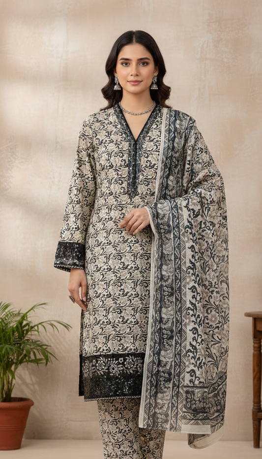 CASUAL WOMEN'S BLACK FLORAL PRINTED 3-PIECE SUIT