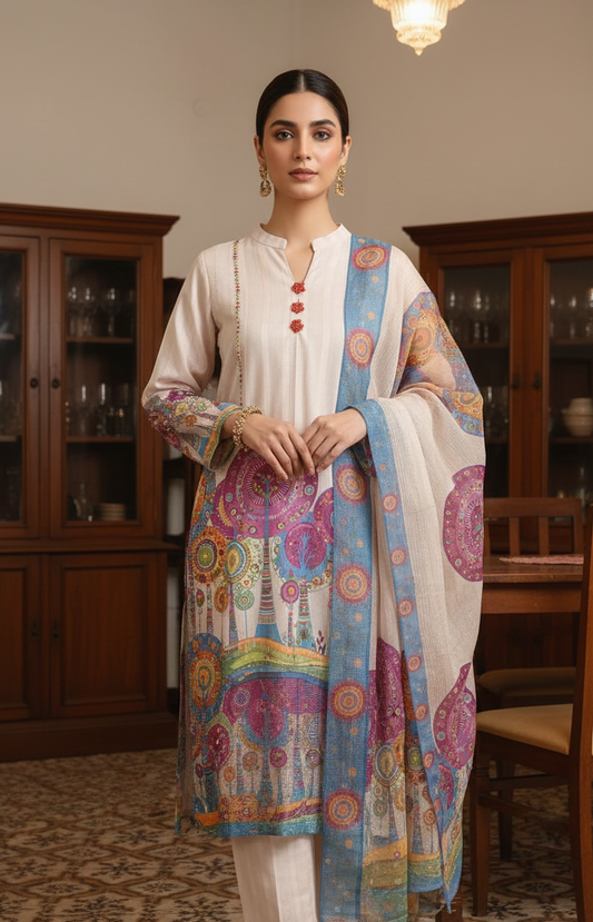 FORMAL IVORY PRINTED LAWN LADIES 3 PIECE SUIT