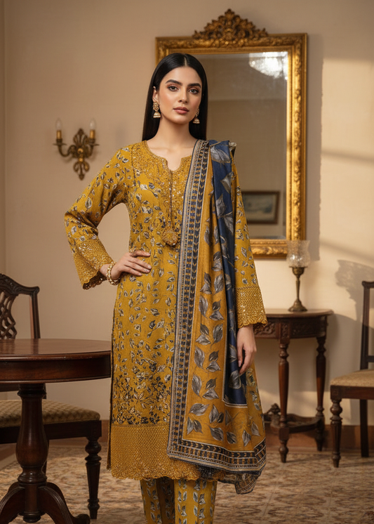 FORMAL MUSTARD PRINTED LAWN LADIES 3 PIECE SUIT