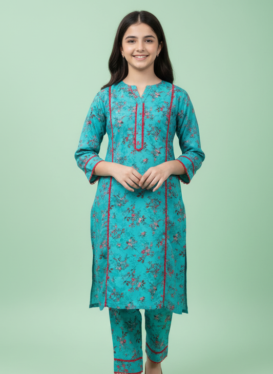 GIRLS TURQUOISE PRINTED 2-PIECE SUIT