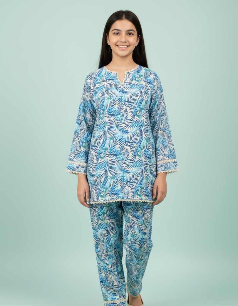 GIRLS BLUE LEAF PRINT 2-PIECE SUIT