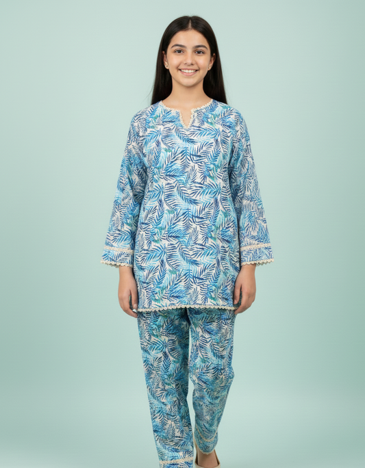 GIRLS BLUE LEAF PRINT 2-PIECE SUIT