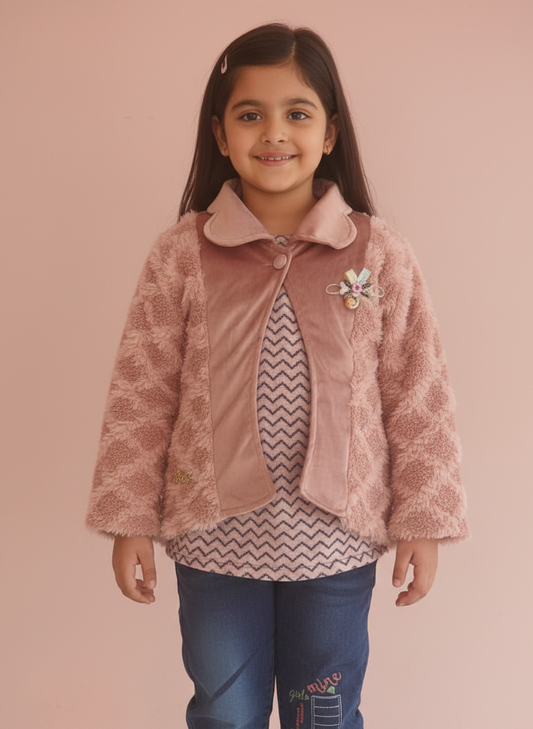 GIRLS VELVET FUR FLEECE JACKET AND PANT SET