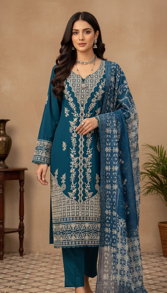 FORMAL TEAL ETHNIC PRINTED 3 PIECE SUIT