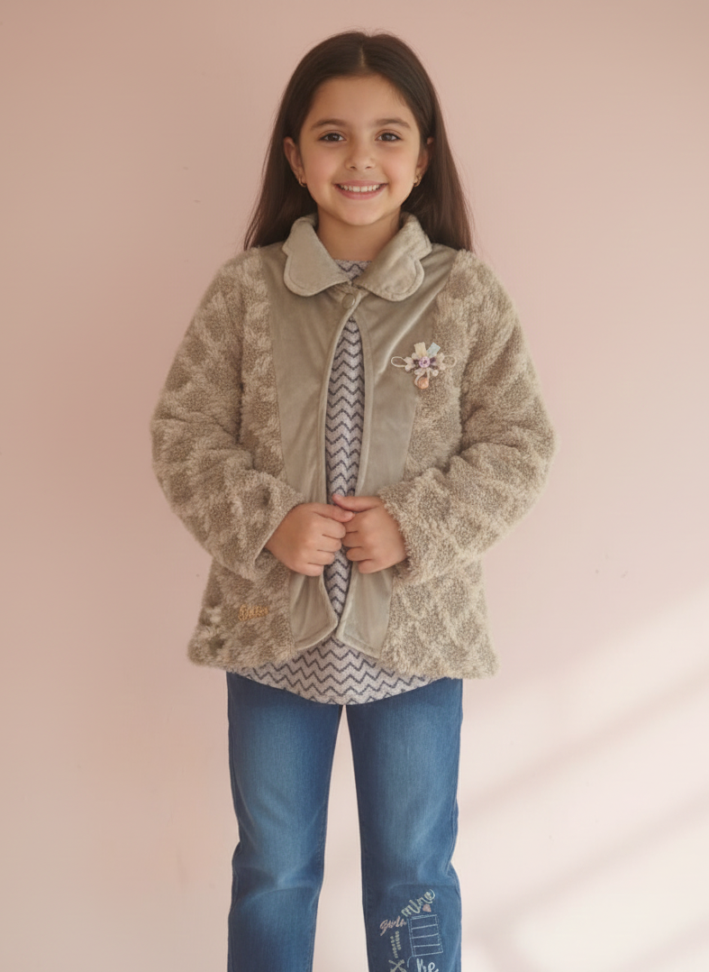 GIRLS VELVET FUR FLEECE JACKET AND PANT SET