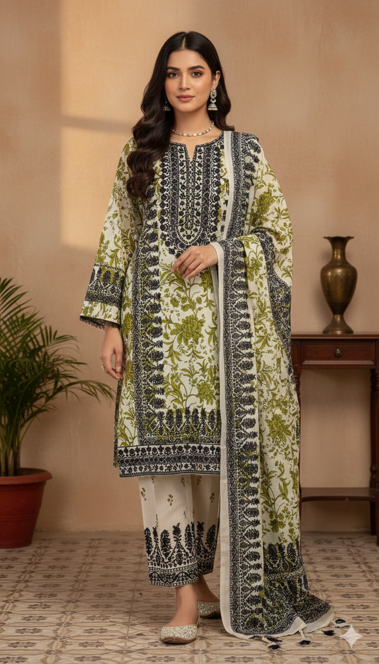 WOMEN'S CASUAL WHITE GREEN PRINTED 3-PIECE SUIT