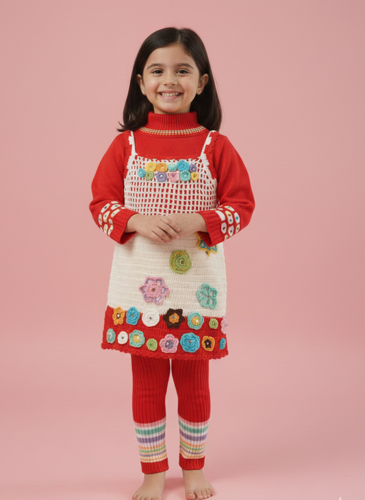 GIRLS KNITTED FLORAL DRESS AND LEGGING SET