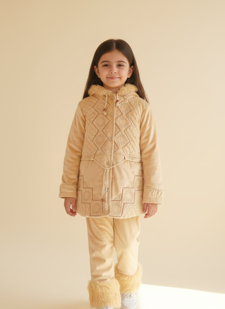 GIRLS VELVET FUR HOODED COAT AND PANT SET
