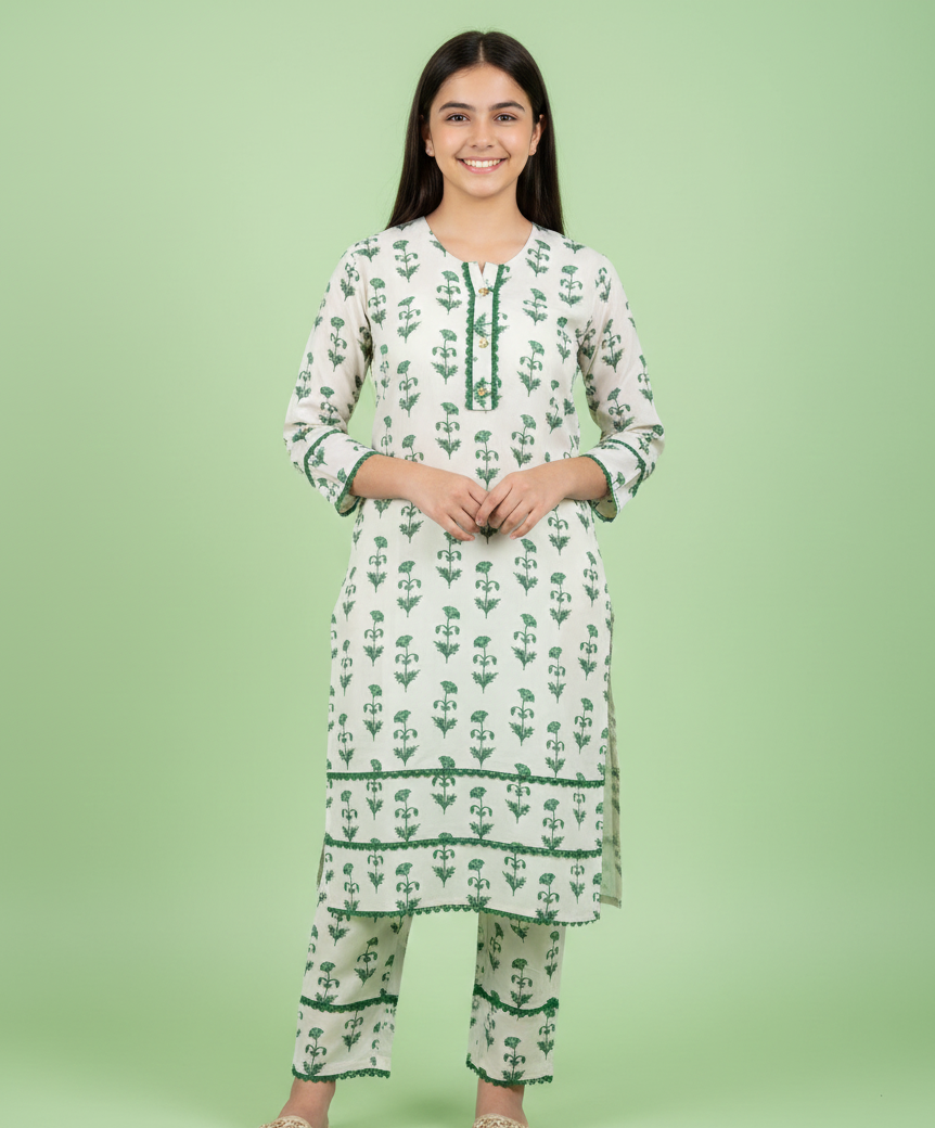 GIRLS WHITE GREEN FLORAL 2-PIECE SUIT