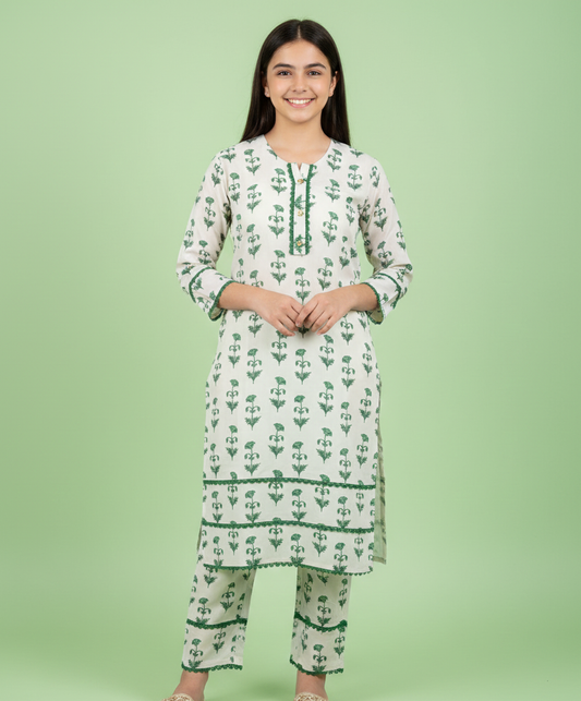 GIRLS WHITE GREEN FLORAL 2-PIECE SUIT