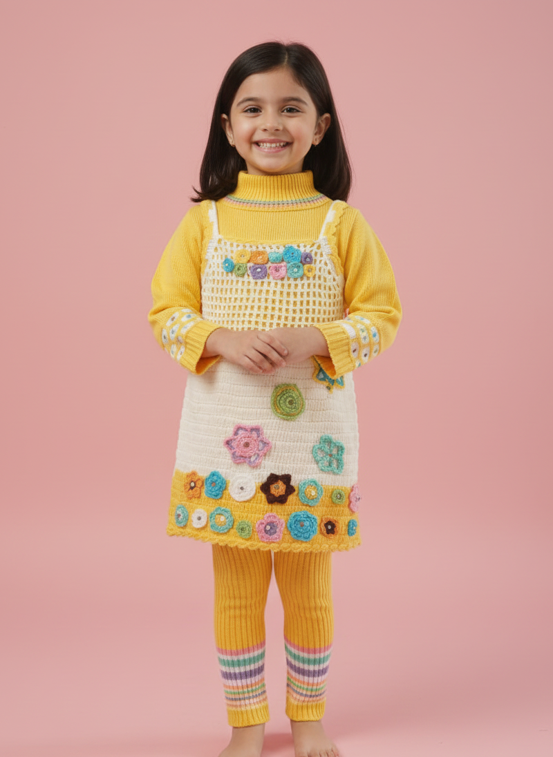 GIRLS KNITTED FLORAL DRESS AND LEGGING SET