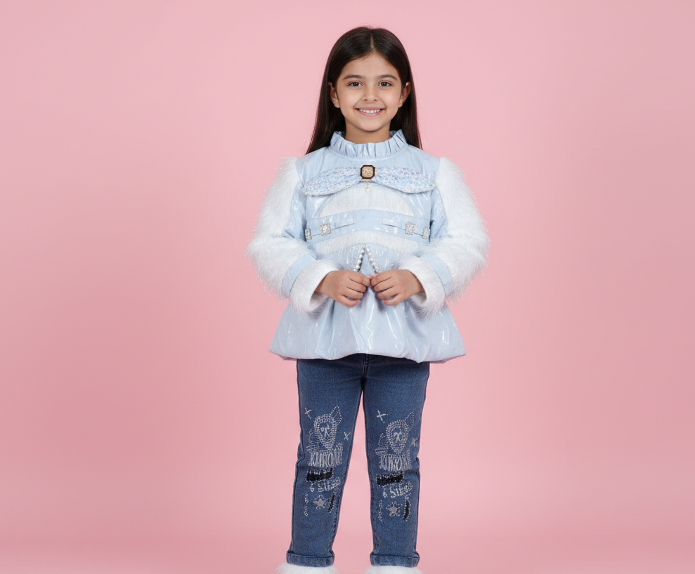 SKY BLUE FUR SLEEVE DENIM SET