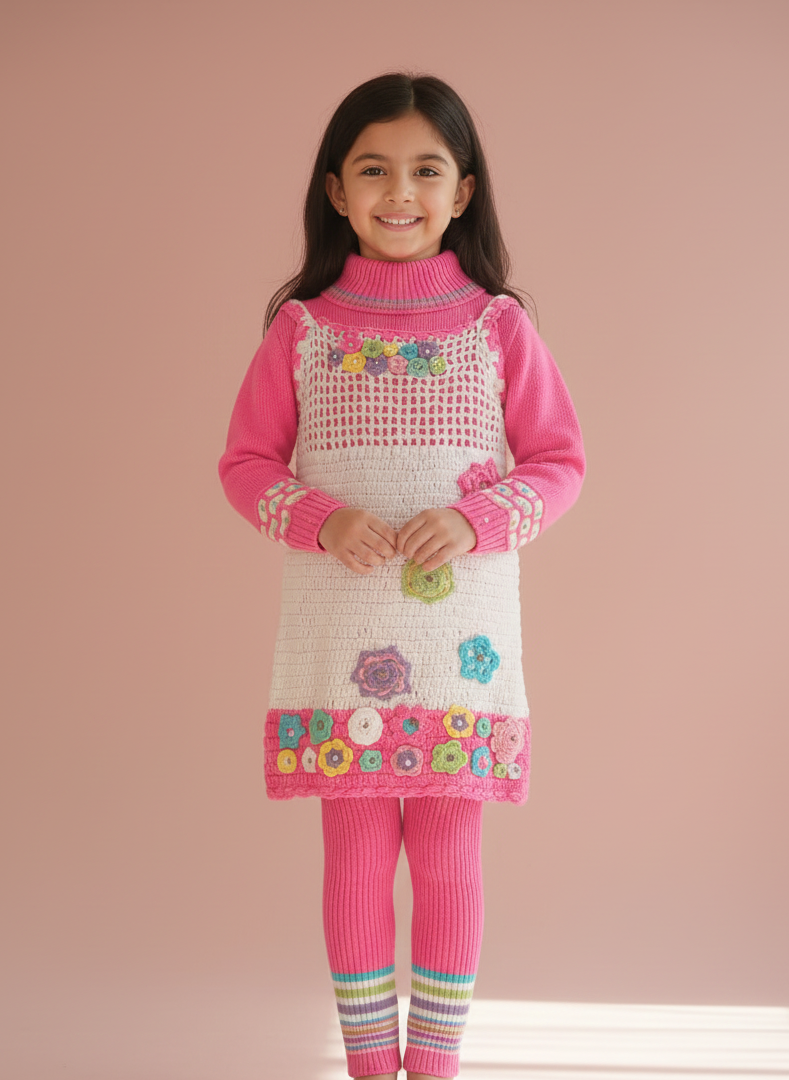 GIRLS KNITTED FLORAL DRESS AND LEGGING SET
