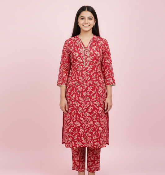 GIRLS MAROON FLORAL 2-PIECE SUIT