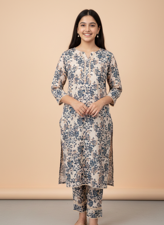 GIRLS BEIGE BLUE PRINTED 2-PIECE SUIT