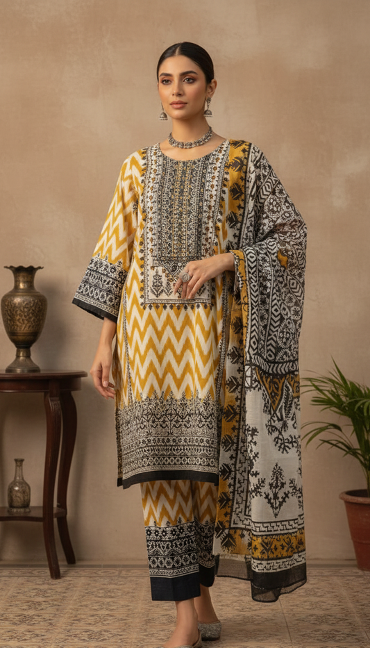 CASUAL YELLOW CHEVRON PRINT DESIGN 3 PIECE SUIT