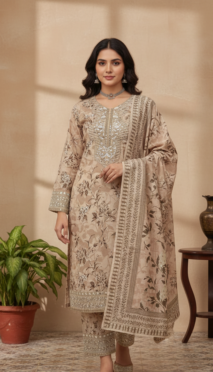 WOMEN'S FORMAL BEIGE EMBROIDERED 3-PIECE SUIT